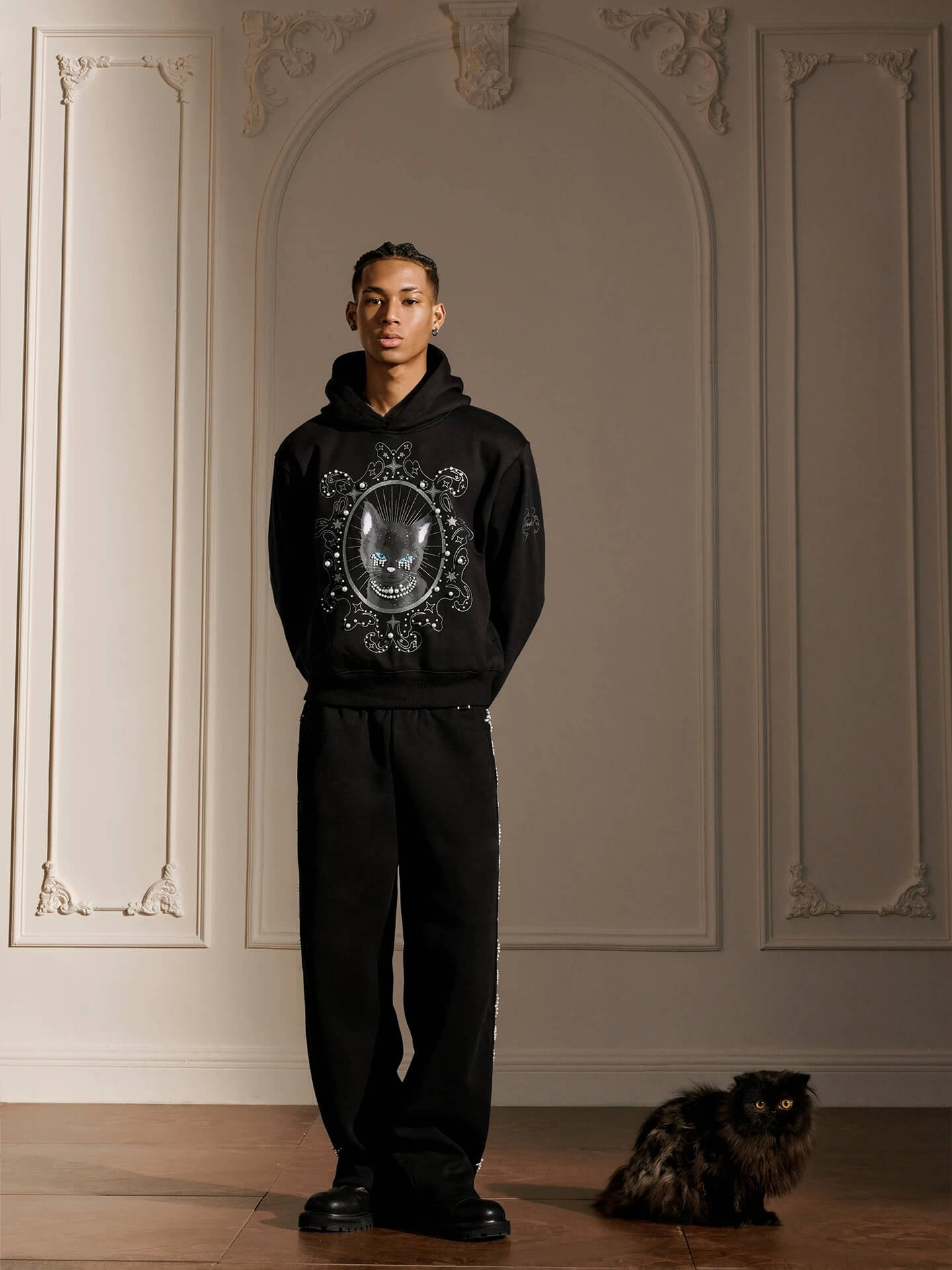 YADcrew Black Cat Print Pearl Hoodie