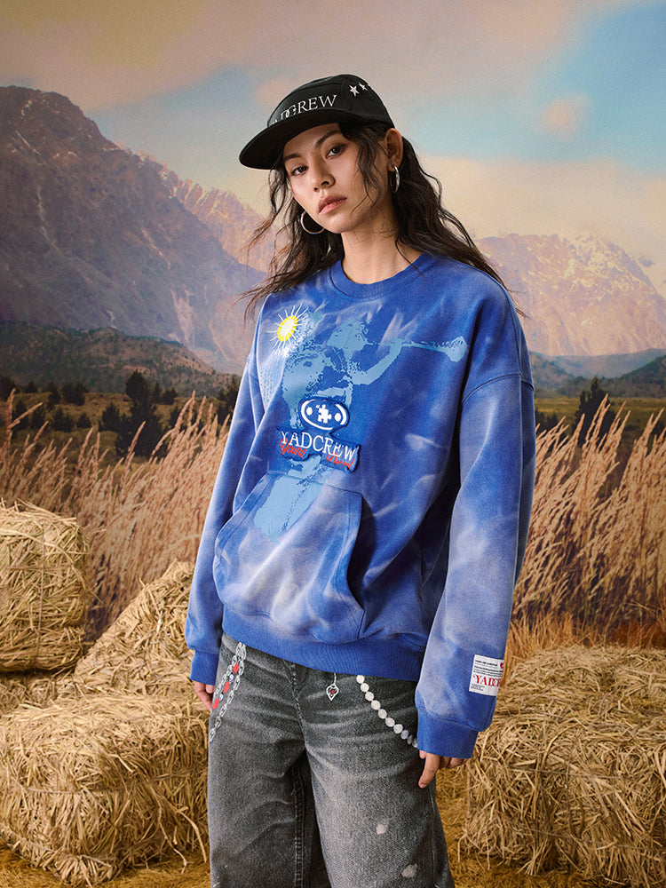 YADcrew Washed Patch Angel Embroidery Printed Sweatshirt
