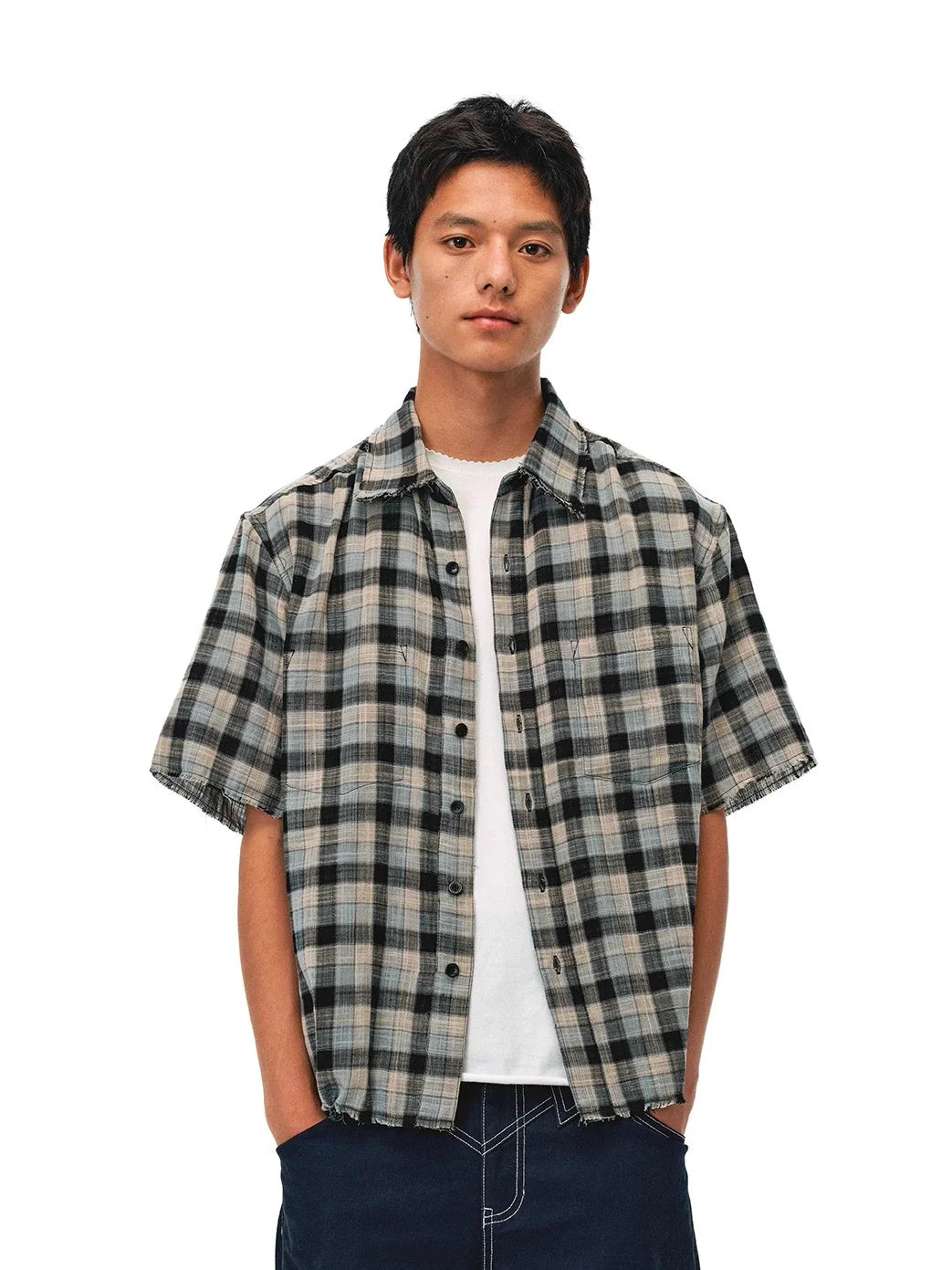 EVILKNIGHT(EK) Striped Plaid Reversible Short Sleeve Shirt
