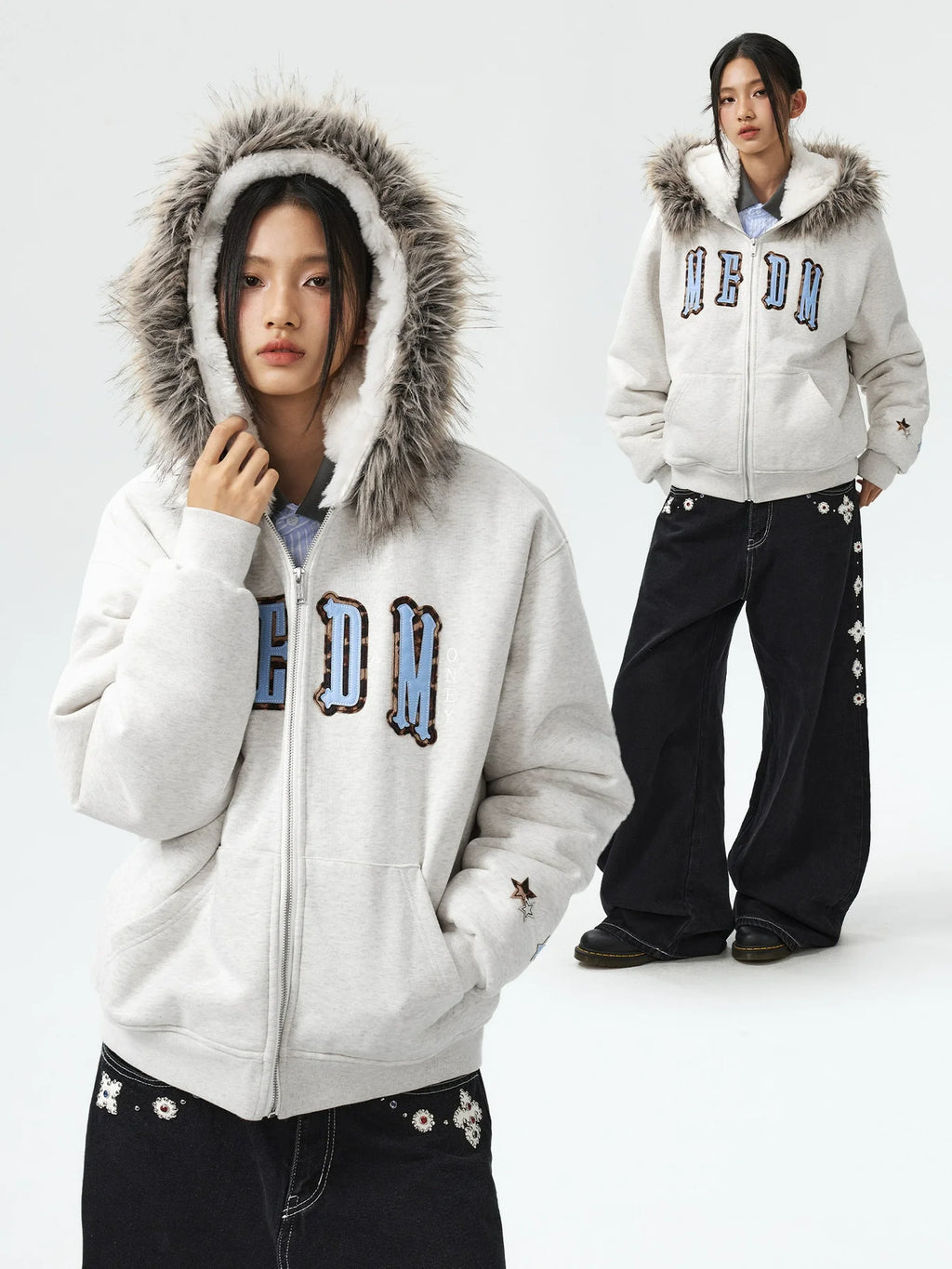 MEDM Faux Fur Lined Hooded Fur Zip Up Jacket