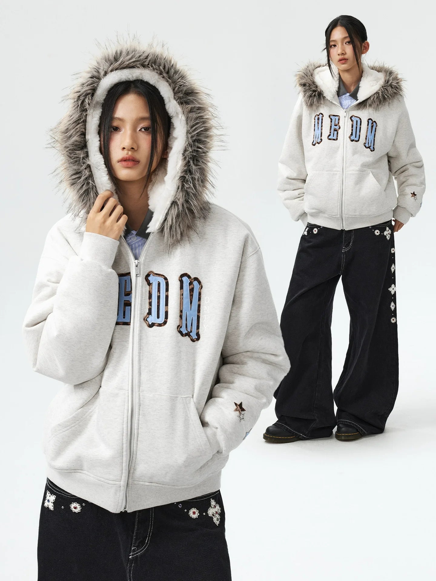 MEDM Faux Fur Lined Hooded Fur Zip Up Jacket