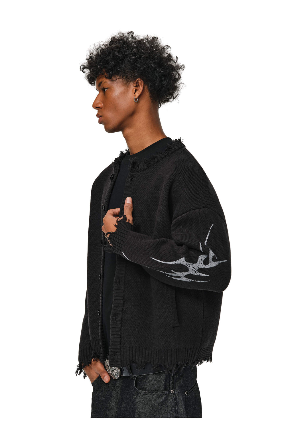 ANTIDOTE Distressed Frayed Tribal Print Knit Cardigan