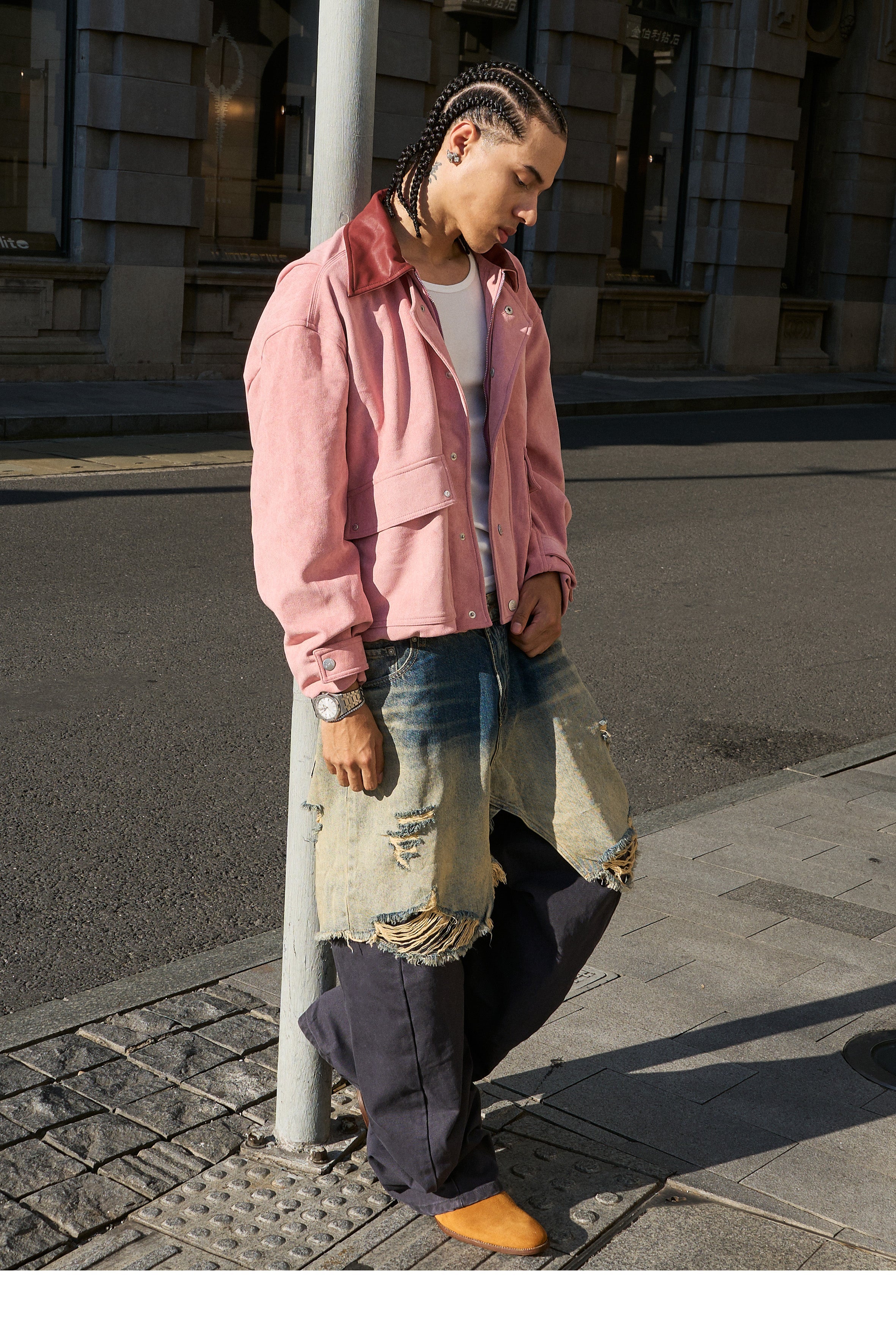 STEEPC Layered Design Washed Distressed Baggy Jeans