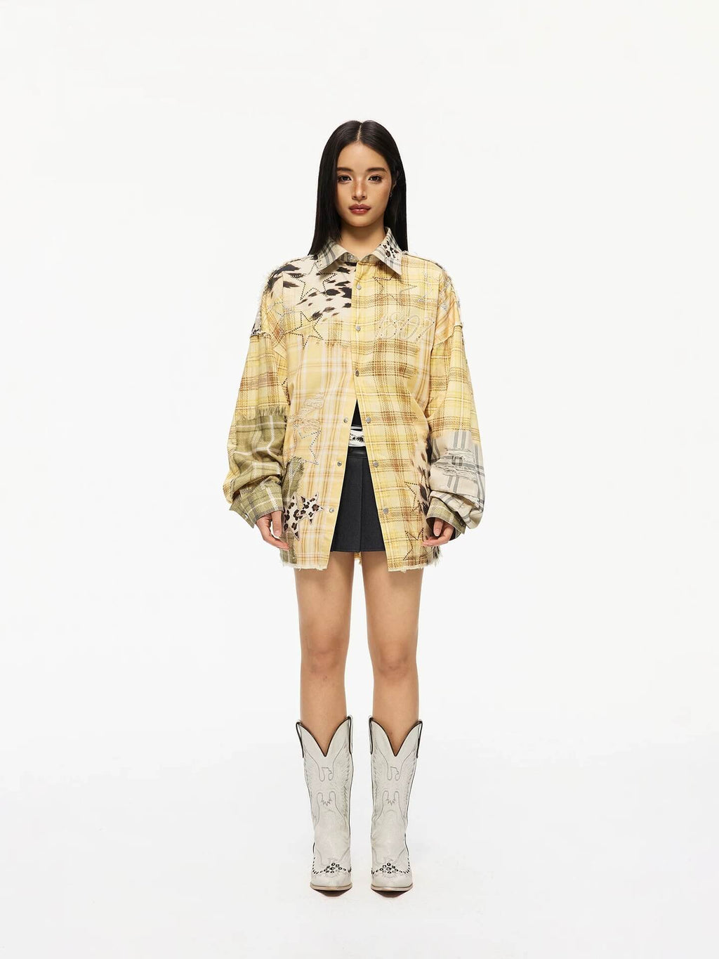 1807 Patchwork Print Plaid Rhinestone Long Sleeve Shirt