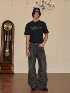YADcrew Ribbon Patch Distressed Vintage Flared Jeans