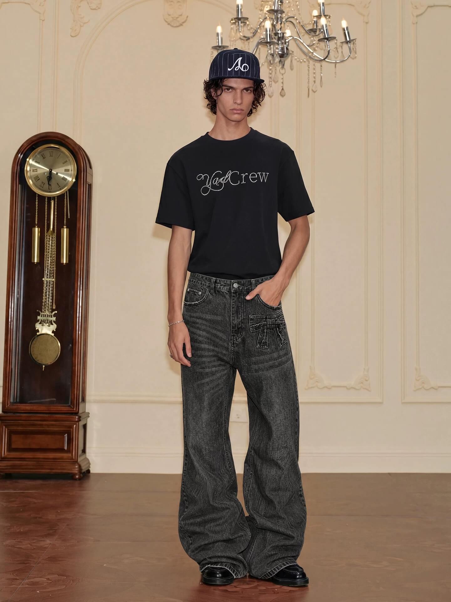 YADcrew Ribbon Patch Distressed Vintage Flared Jeans