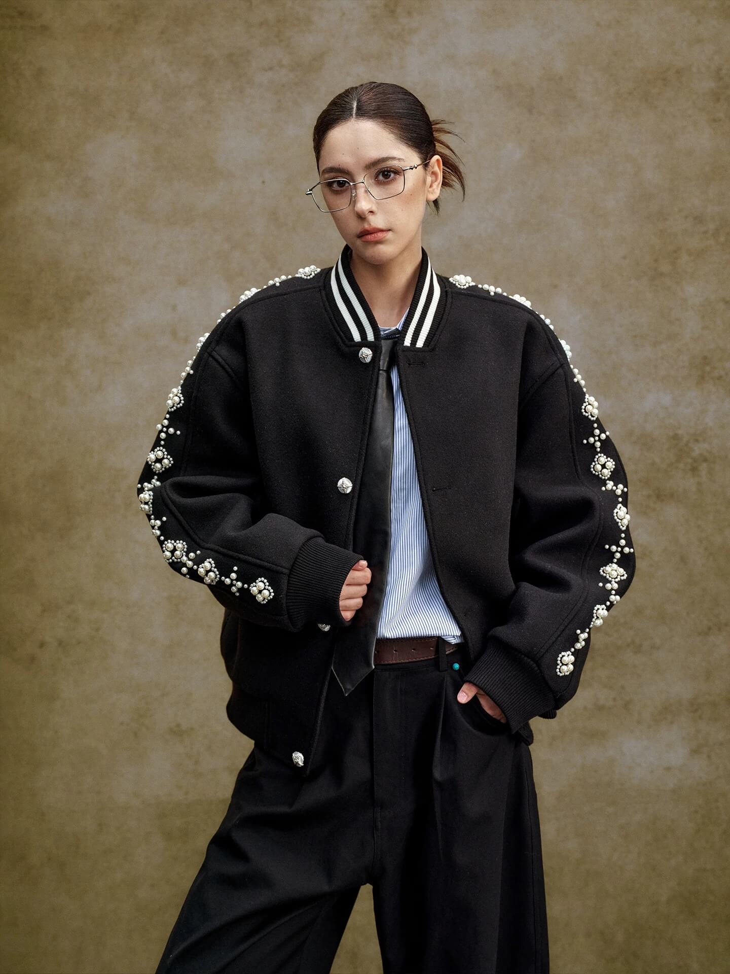 YADcrew Pearl Studded Metal Button Varsity Jacket