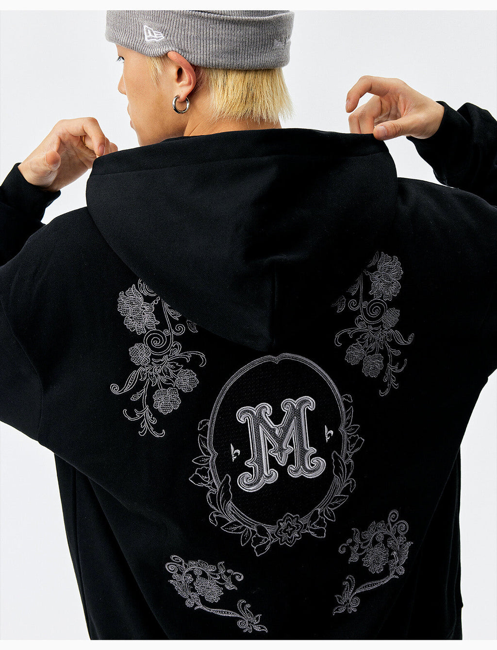MEDM Patterned Flower Embroidered Zip Up Hoodie