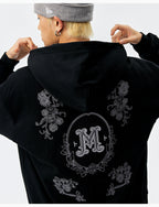 MEDM Patterned Flower Embroidered Zip Up Hoodie