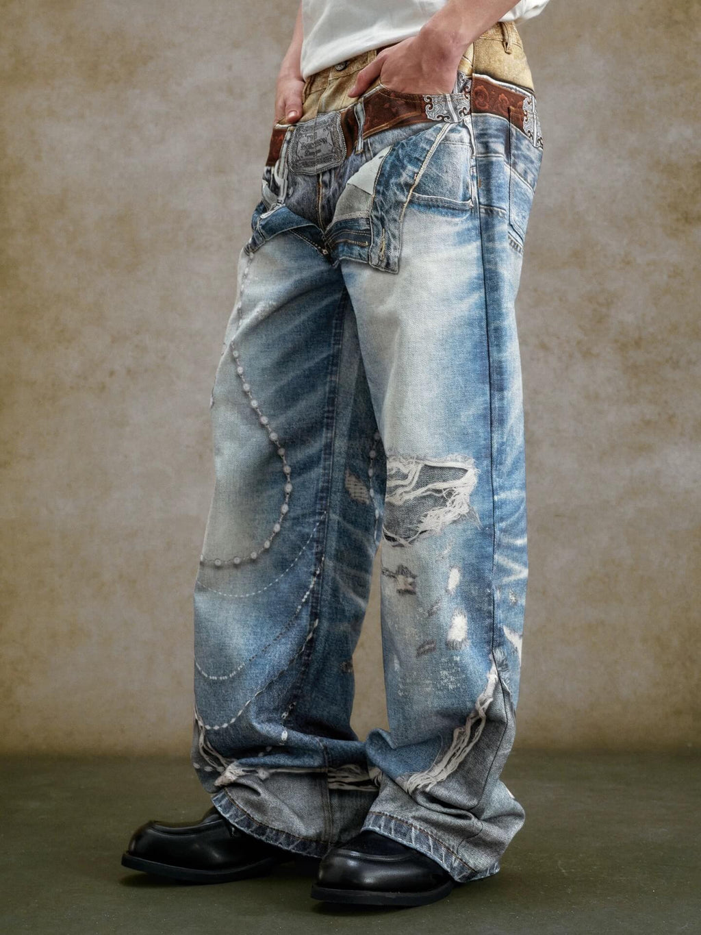 YADcrew Double Waist 3D Digital Print Jeans