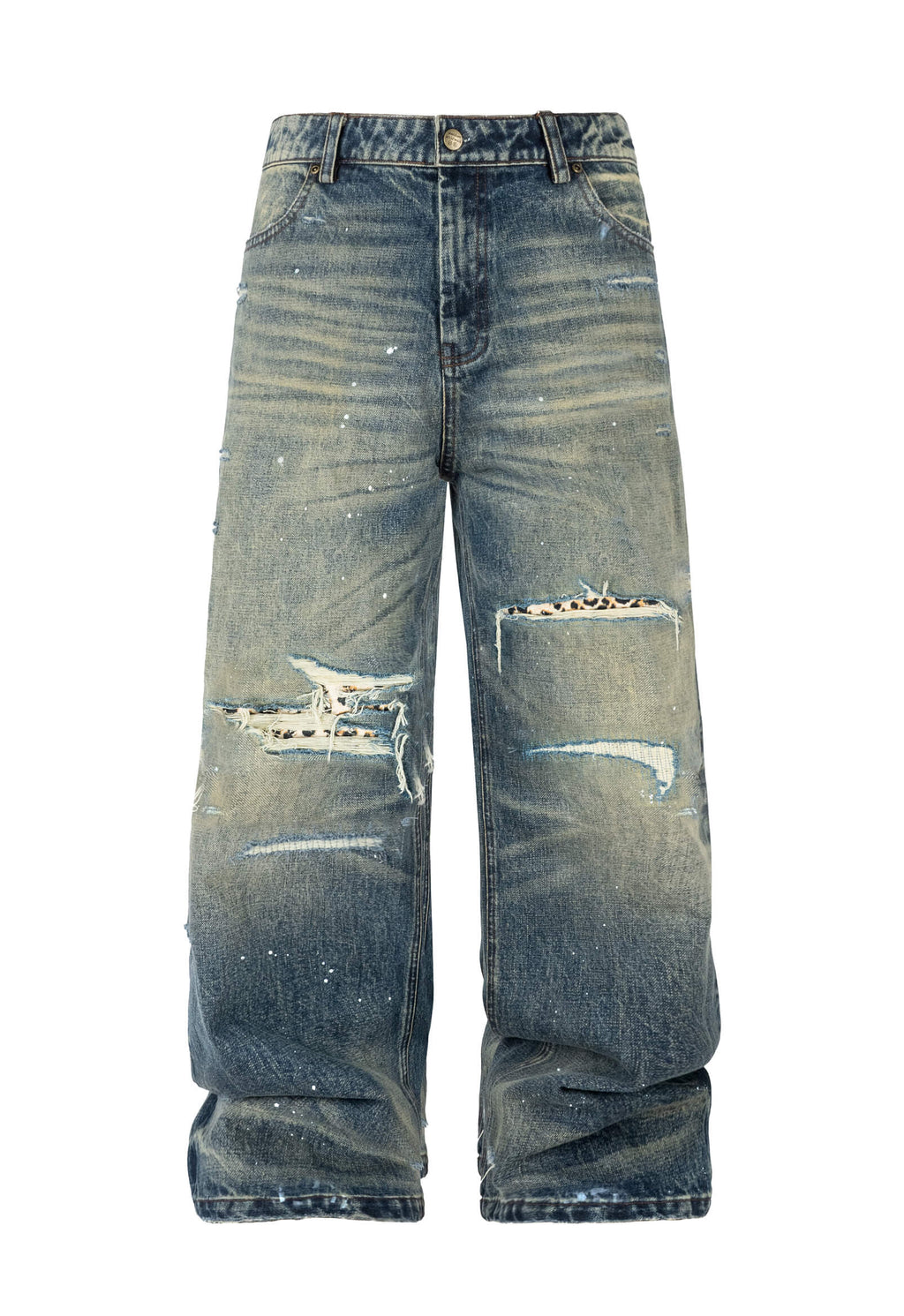 ANTIDOTE Distressed Leopard Patchwork Washed Jeans
