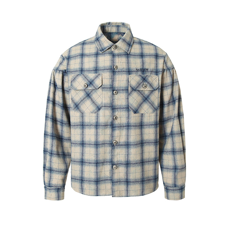 YADcrew Imitation Paper Plaid Pleated Long Sleeve Shirt