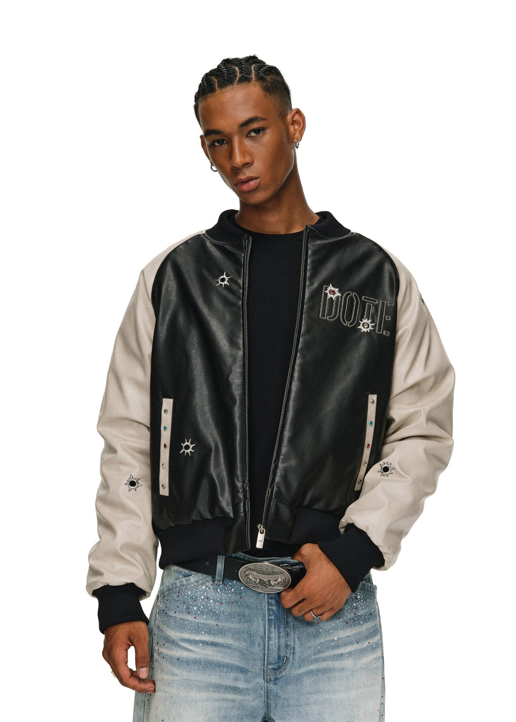 ANTIDOTE Bullseye Color Diamond Studded Leather Baseball Jacket