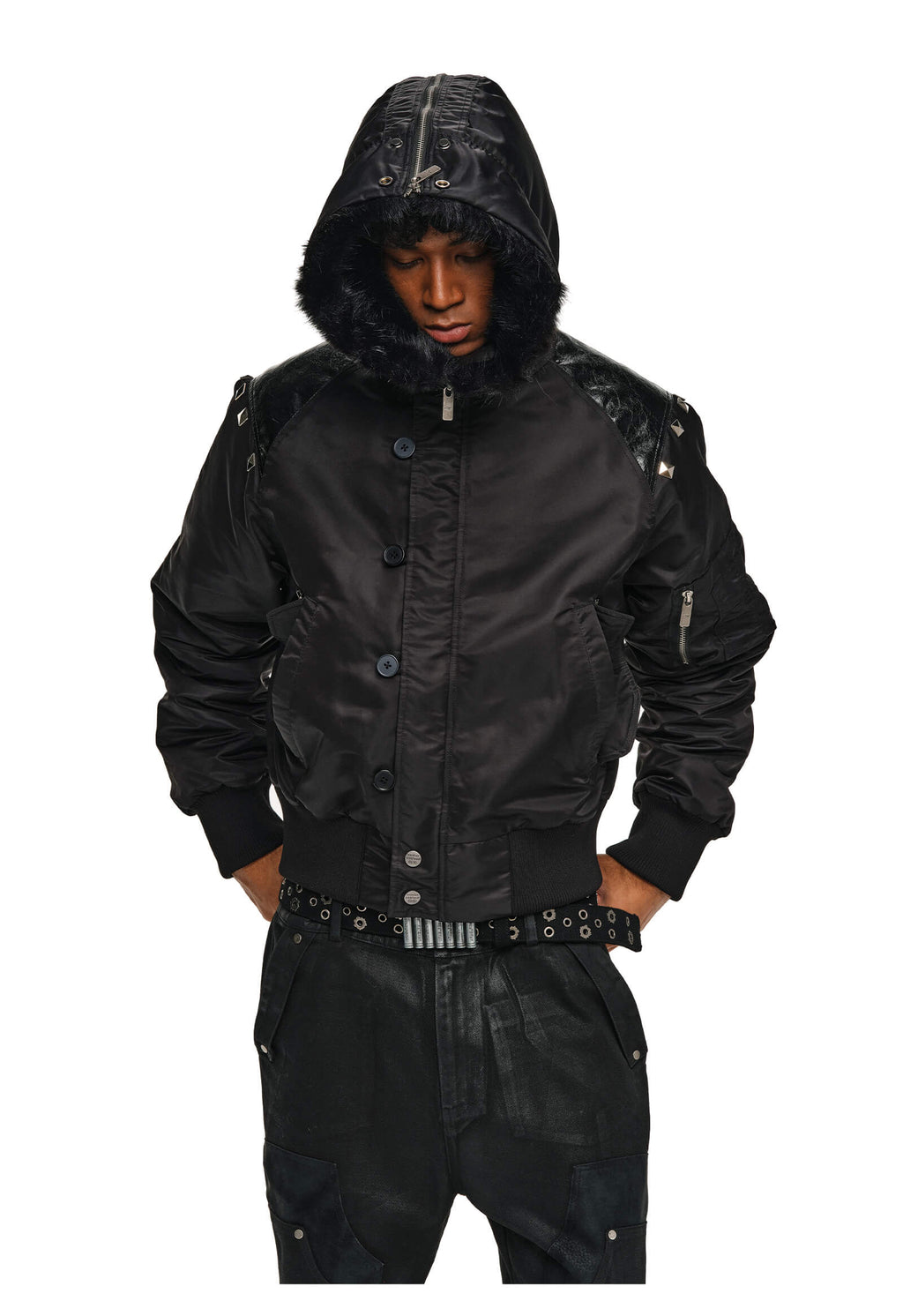 ANTIDOTE Fur Leather Studded N2B Bomber Jacket