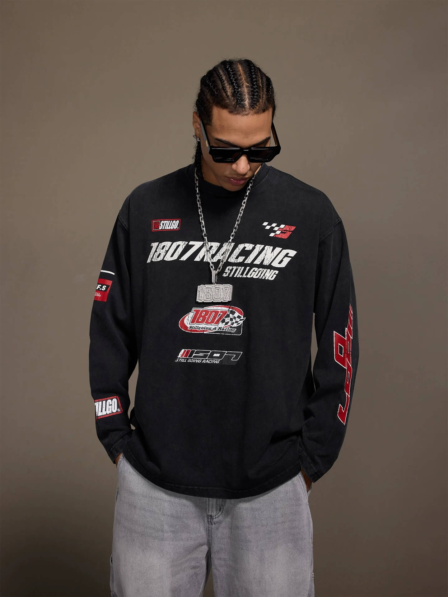 1807 Racing Vintage Printed Distressed Long Sleeve Tee