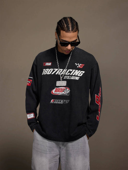 1807 Racing Vintage Printed Distressed Long Sleeve Tee