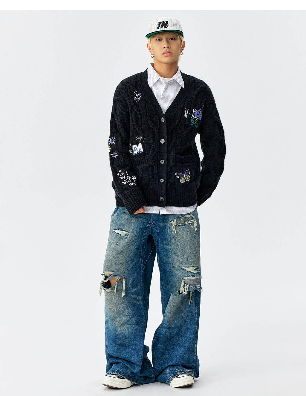 MEDM Floral Butterfly Embroidered Cable Knit Cardigan