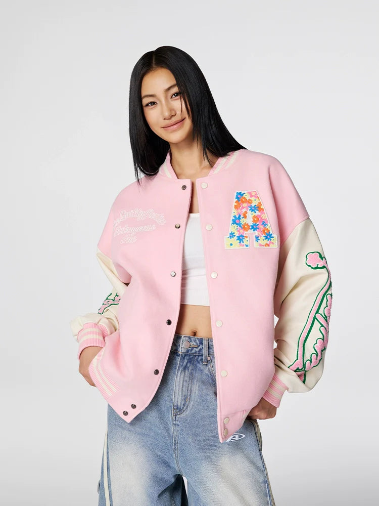 Achock Colorful Flower Logo Embroidery Varsity Jacket