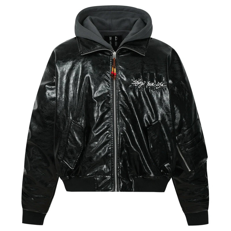 MEDM Layered Hood PU Leather Bomber Jacket