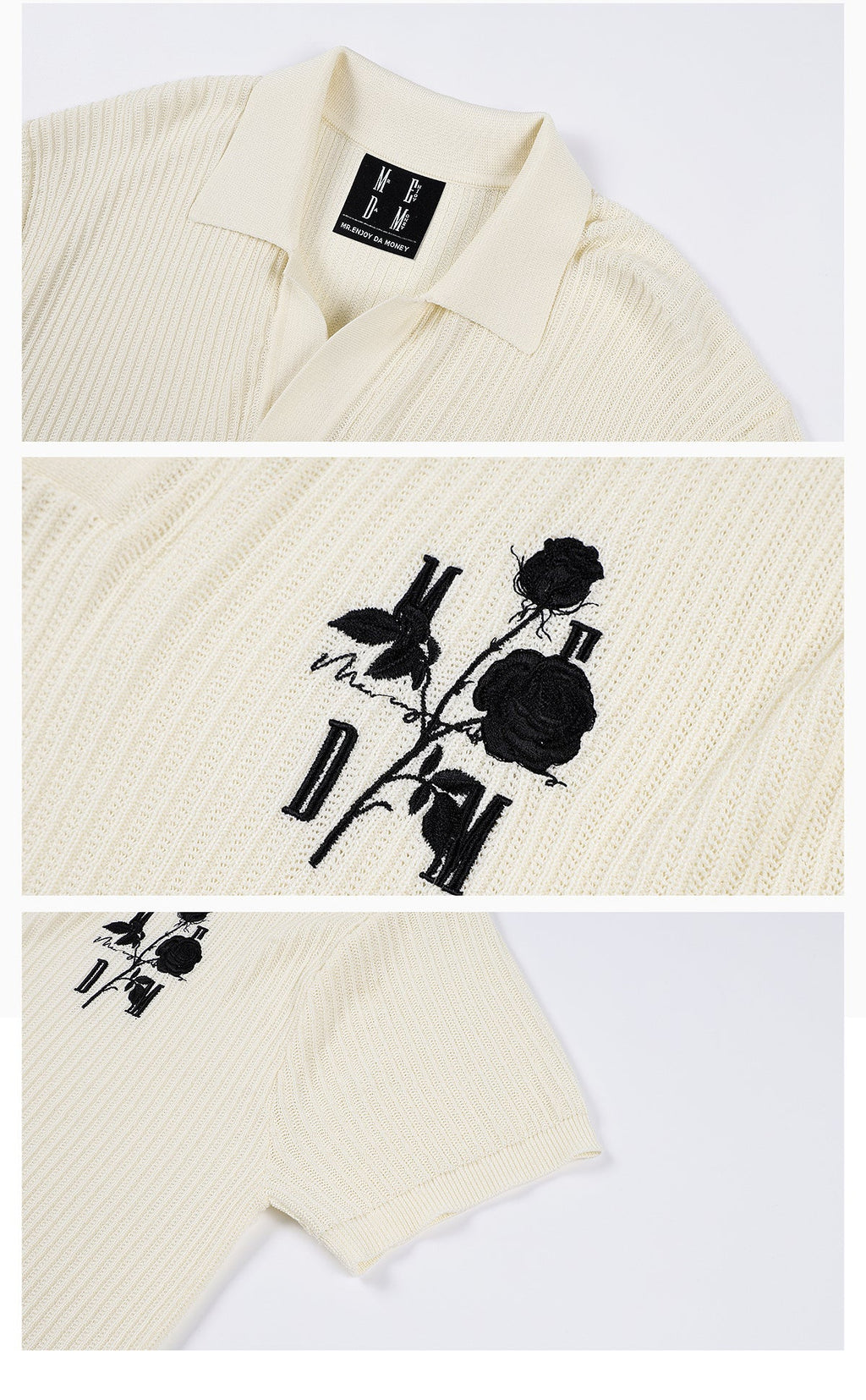 MEDM Rose Embroidered Textured Stripe Knit Polo