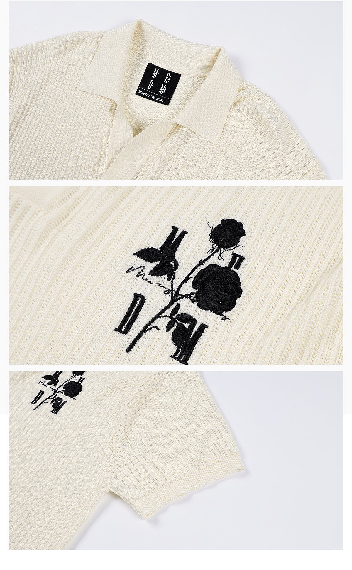 MEDM Rose Embroidered Textured Stripe Knit Polo