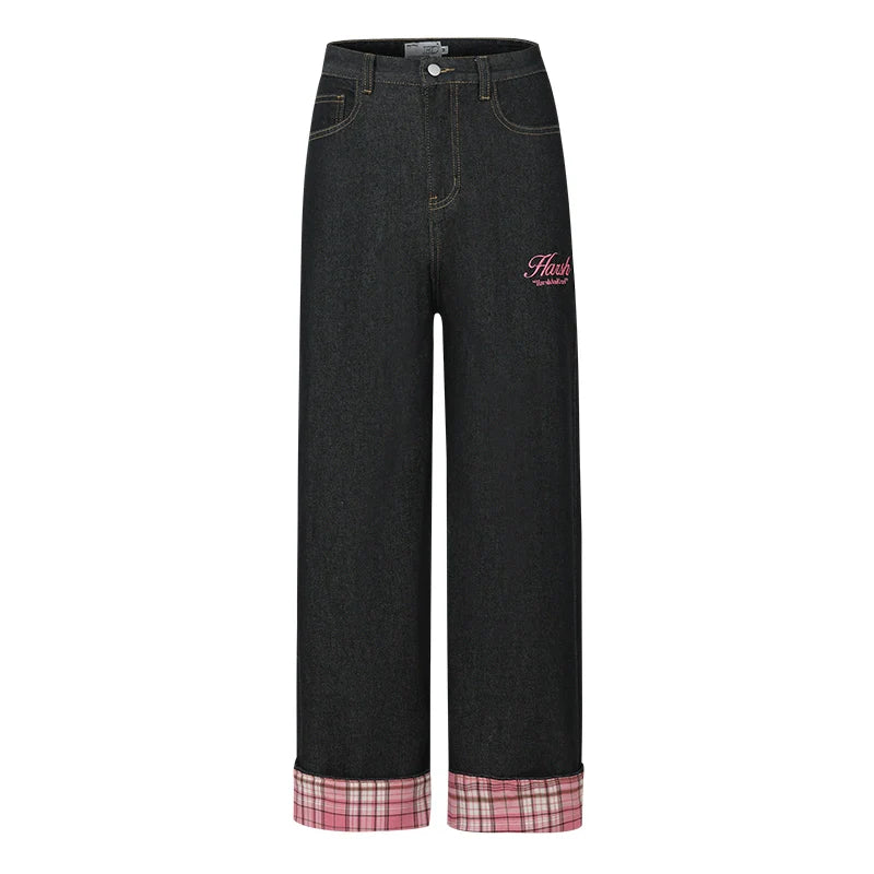 Harsh and Cruel Plaid Trim Cuffed Pocket Jeans