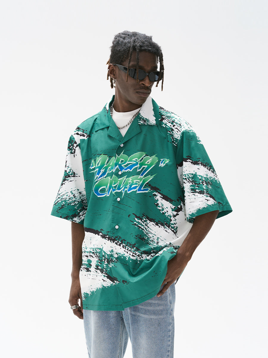 Harsh and Cruel Brush Print Graffiti Font Cuban Shirt