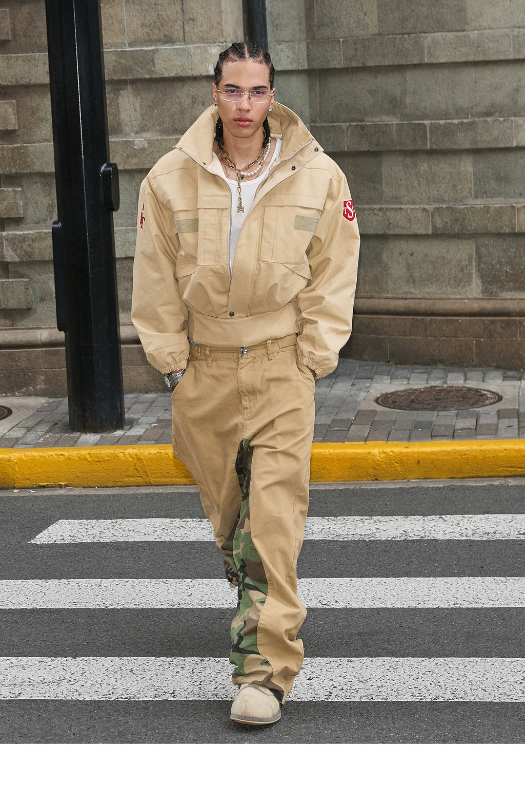 STEEPC Khaki Camouflage Patchwork Baggy Work Pants