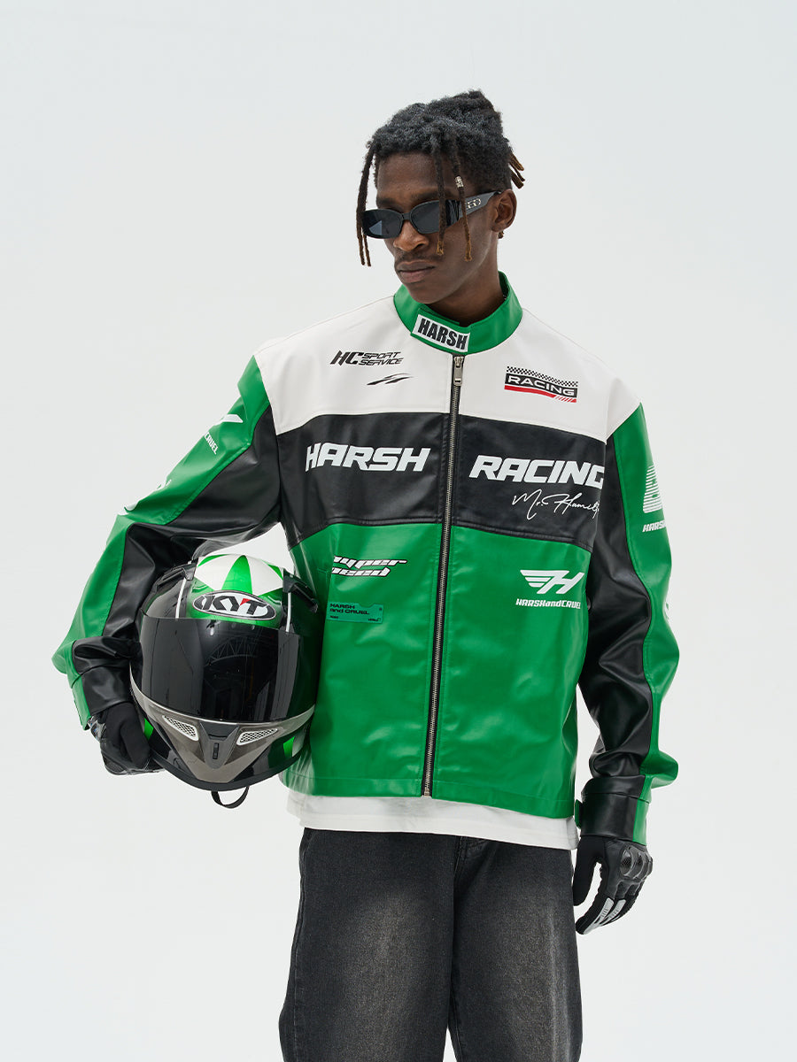 Harsh and Cruel Colorful Lapel F1 Racing Suit Faux Leather Jacket