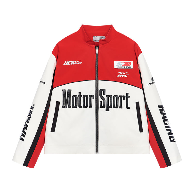 Harsh and Cruel Stand Collar Patch Leather Embroidered Racing Jacket