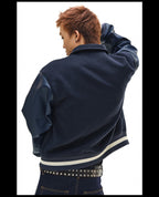 NOVACAM Navy Blue Short Basic Varsity Jacket