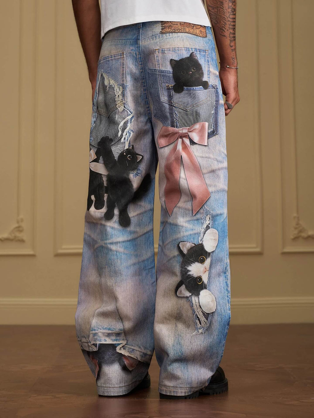 YADcrew Black Cat And Bow Print Baggy Jeans