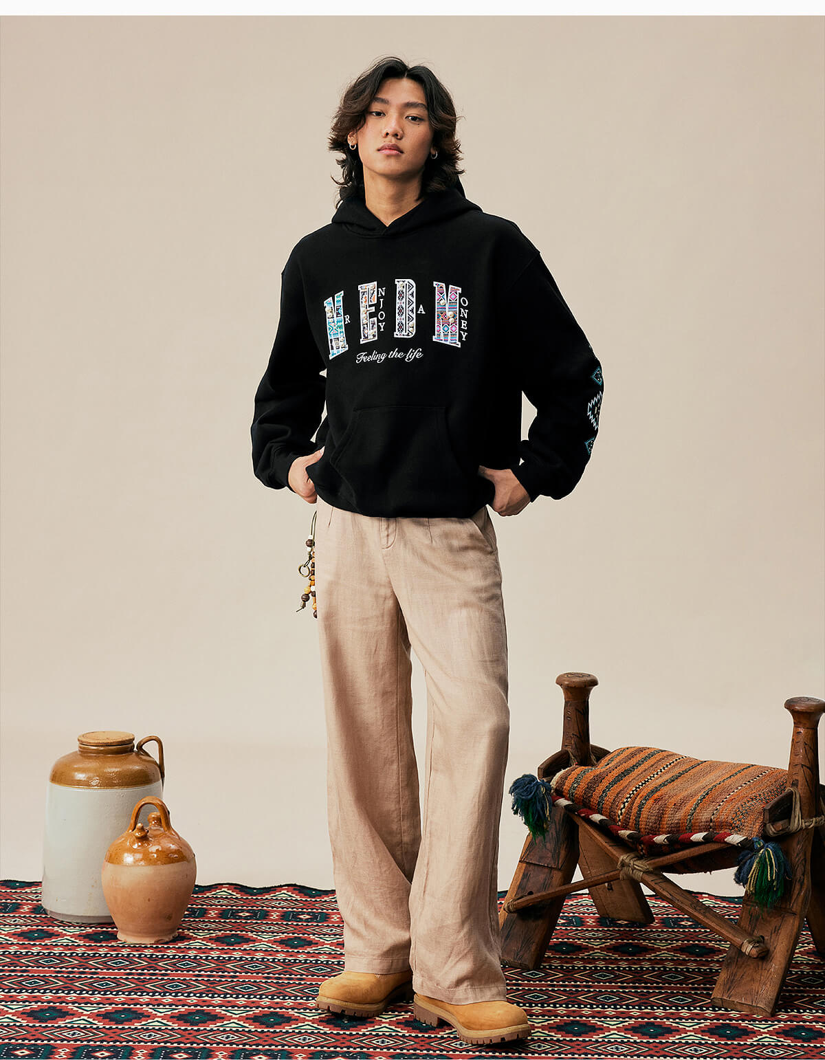 MEDM Ethnic Embroidered Patch Pearl Oversized Hoodie