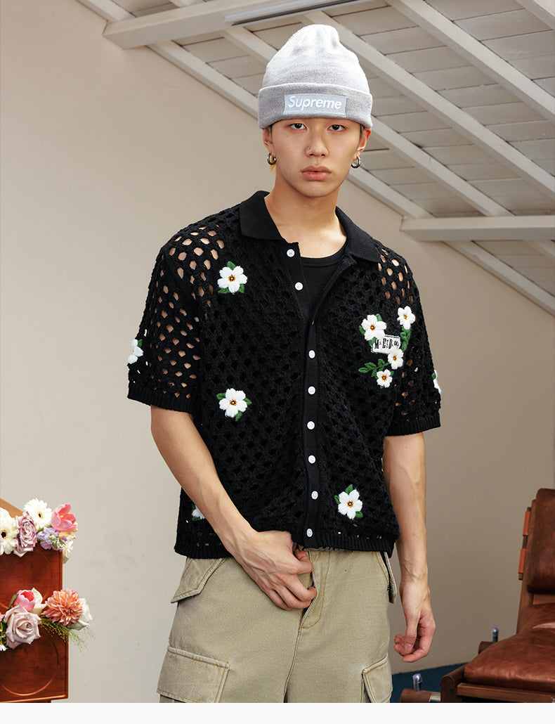 MEDM Flower Embroidery Open Knit Short Sleeve Shirt