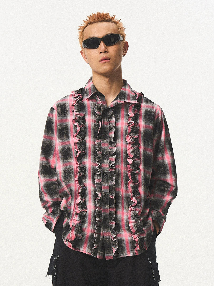 EMPTY REFERENCE Lace Plaid Pink Long Sleeve Shirt