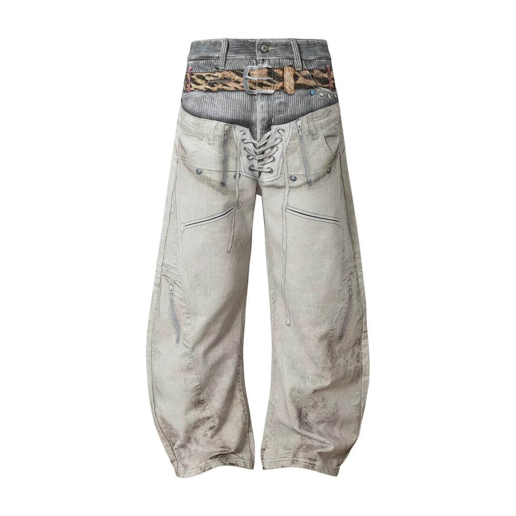 YADcrew Leopard Belt Double Waist 3D Digital Print Machete Jeans