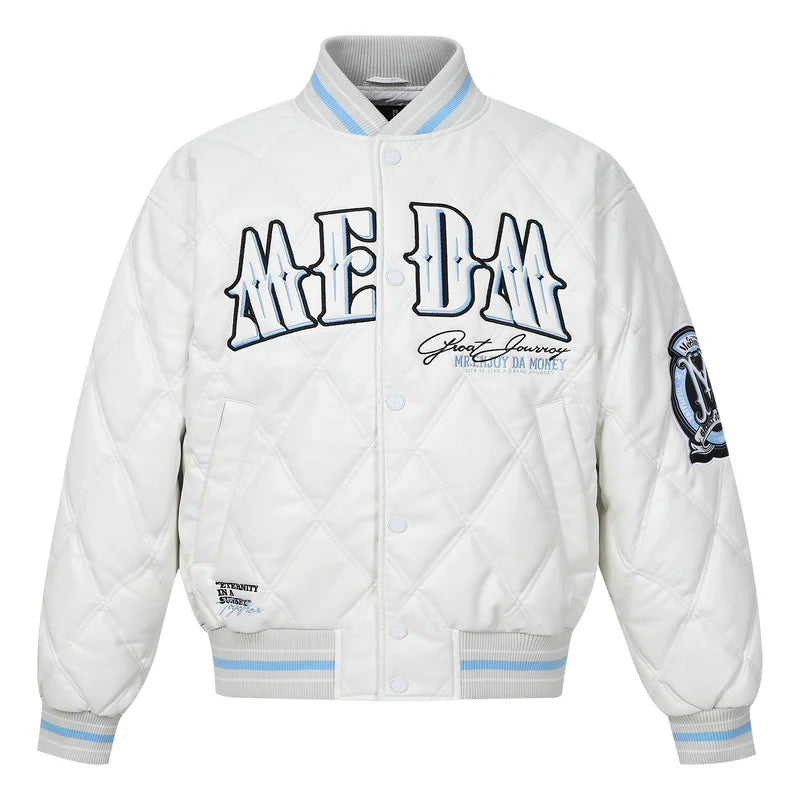 MEDM Diamond Quilted PU Leather Varsity Jacket