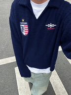Remedy Number Patch Embroidered Polo Knit Sweater