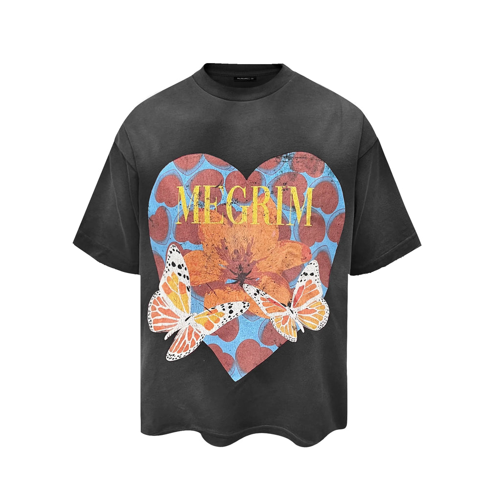 RUSURE Washed Butterfly Heart Print Tee