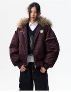 MEDM Silicone Logo Patch Fur Hooded Bomber Jacket