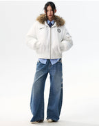 MEDM Silicone Logo Patch Fur Hooded Bomber Jacket