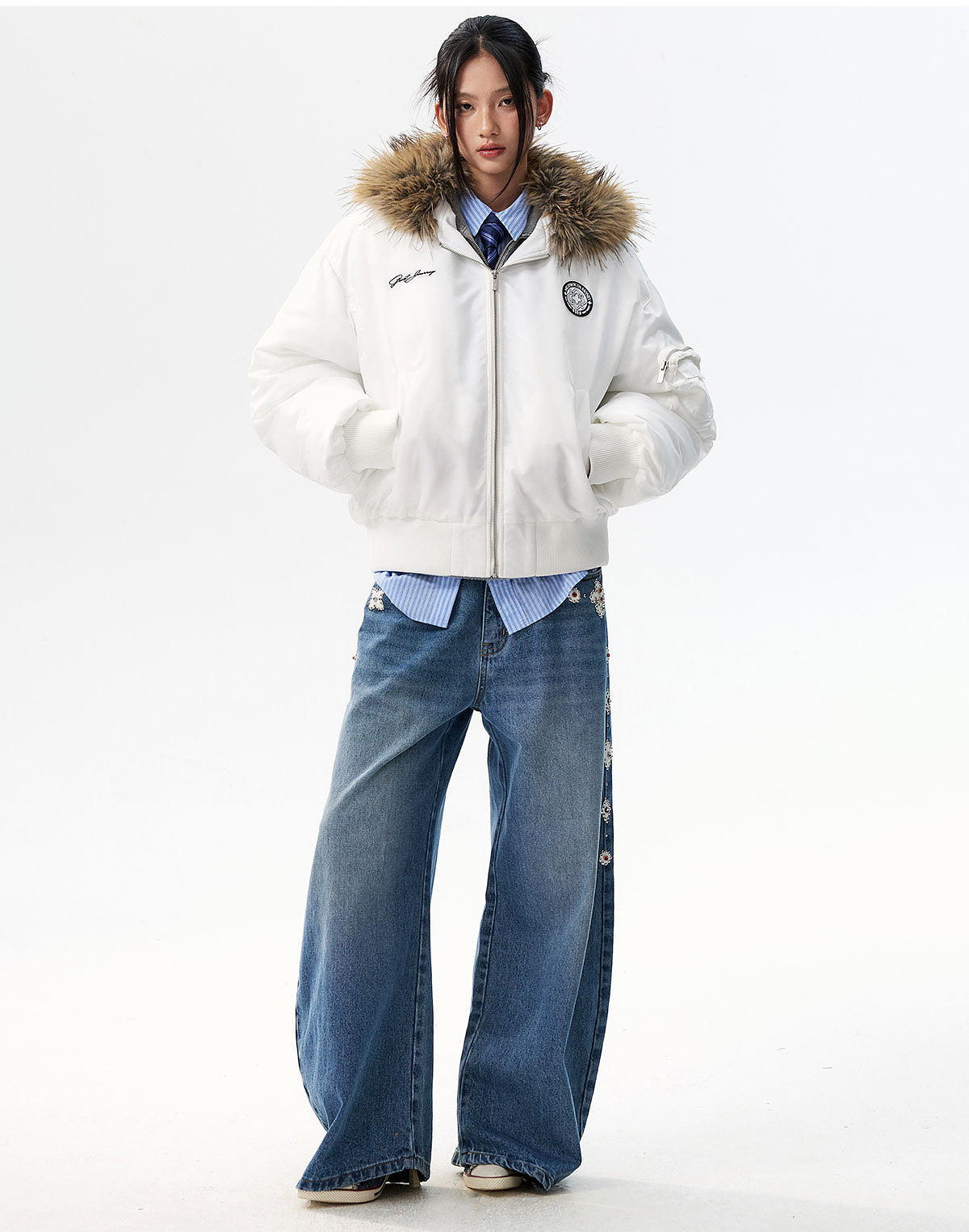 MEDM Silicone Logo Patch Fur Hooded Bomber Jacket