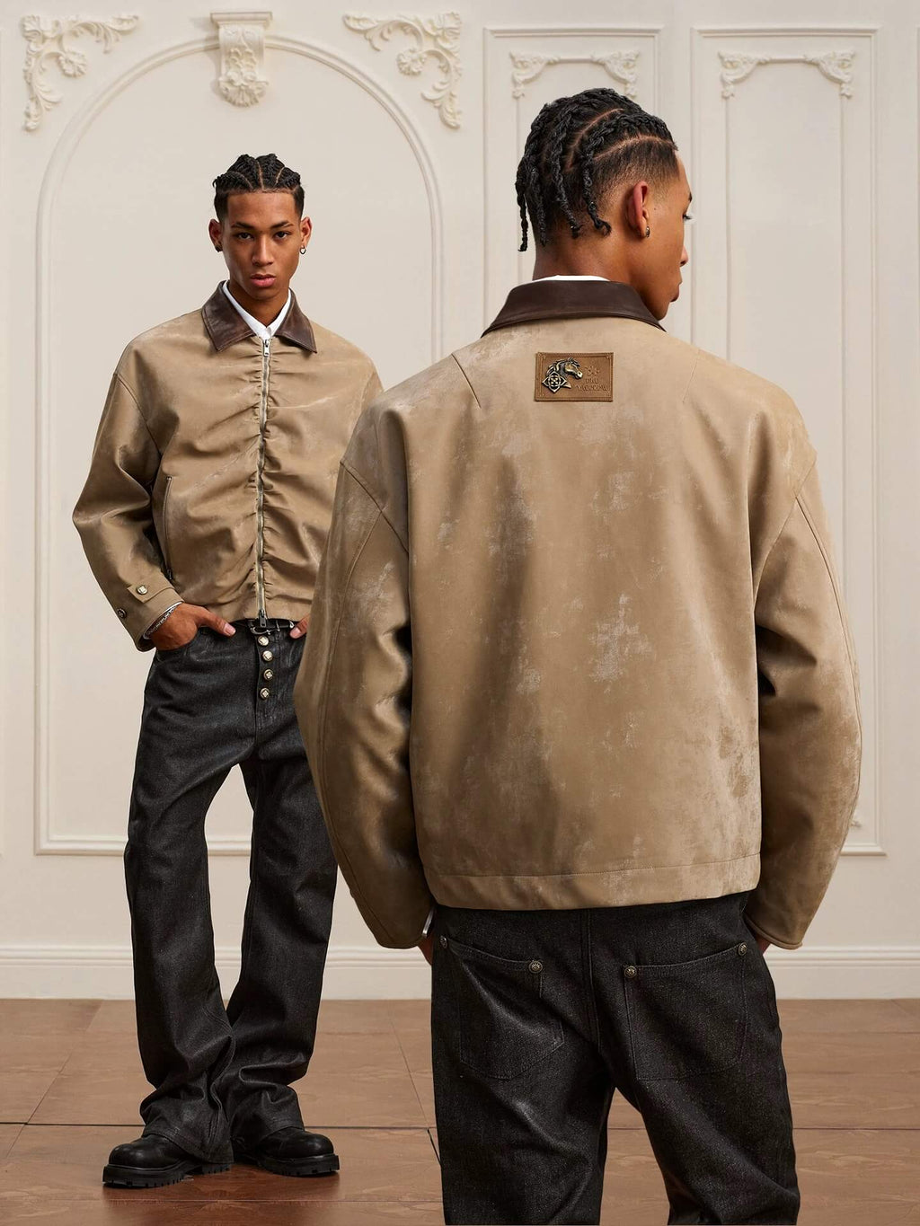 YADcrew Pleated Front Velvet PU Leather Jacket