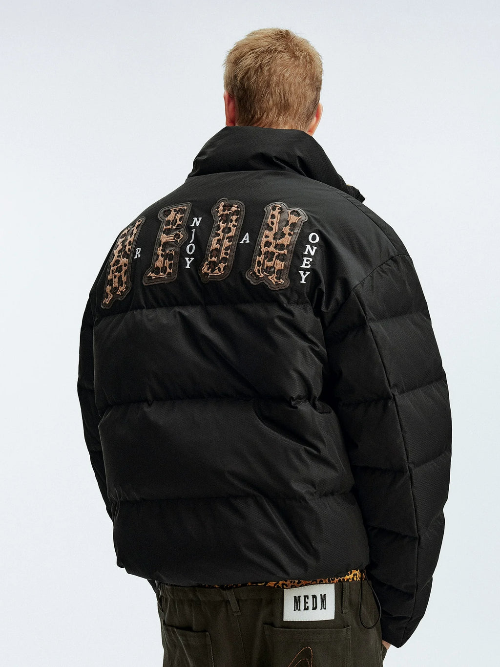 MEDM Leopard Collar Logo Patch Down Jacket