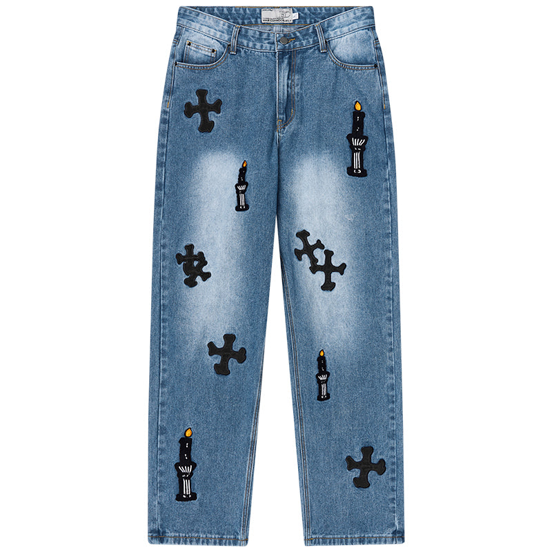 Harsh and Cruel Religious Candles Embroidered Denim