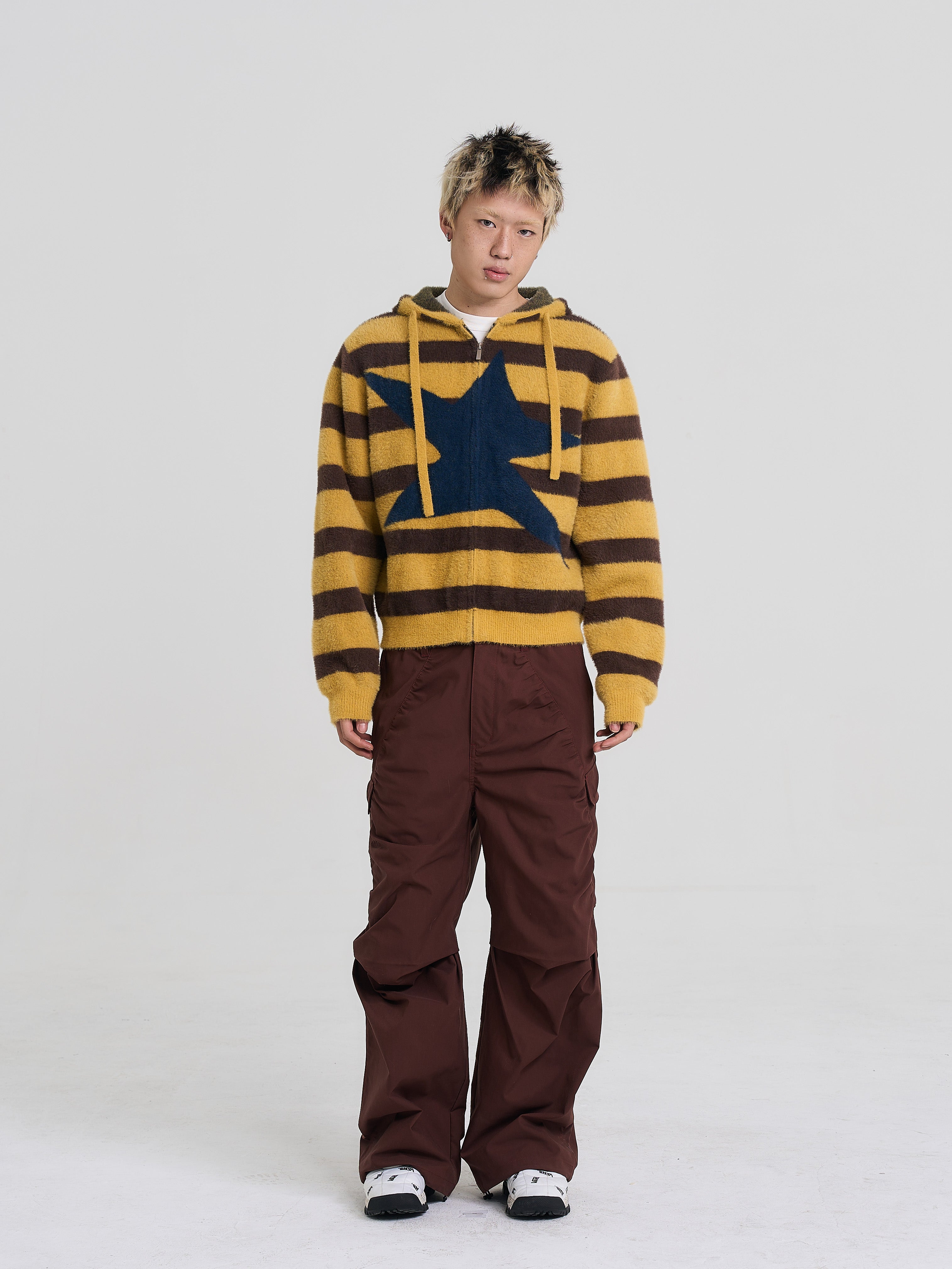 EVILKNIGHT(EK) Striped Star Knit Zip-Up Hoodie