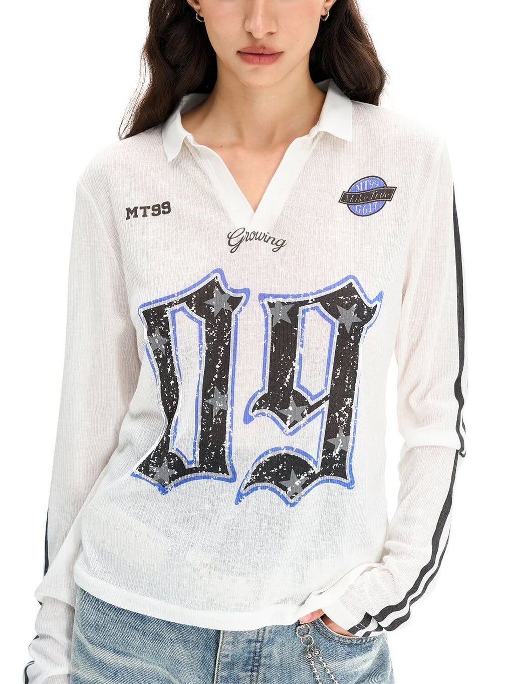 F3F Select Numbering Stripe Sleeve Mesh Long Sleeve Polo Jersey