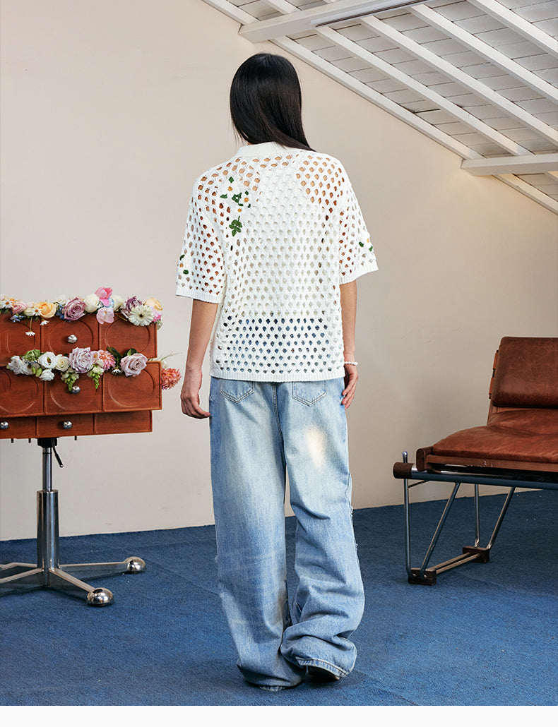 MEDM Flower Embroidery Open Knit Short Sleeve Shirt