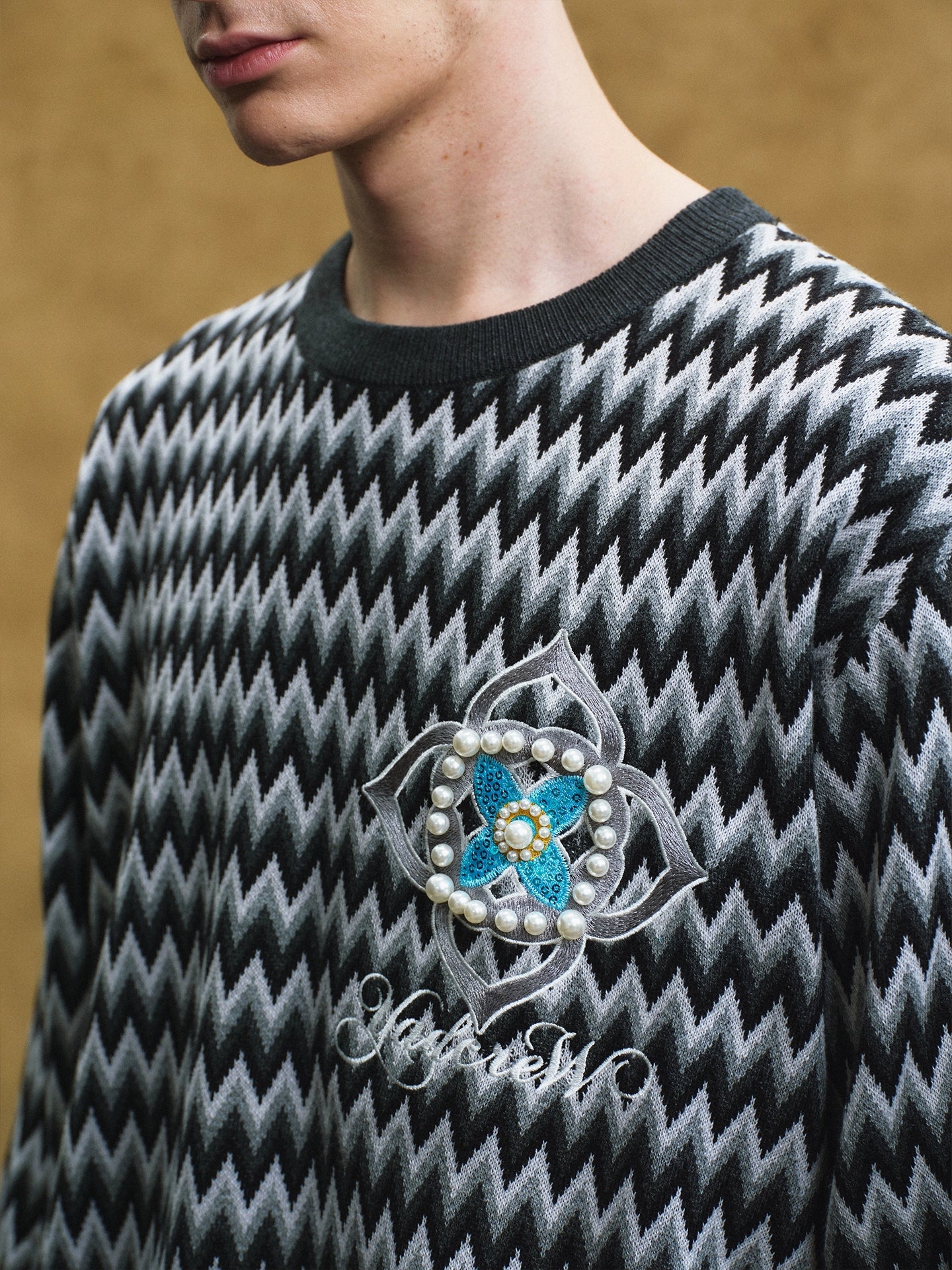 YADcrew Sequin Cross Flower Wave Pattern Knit Sweater