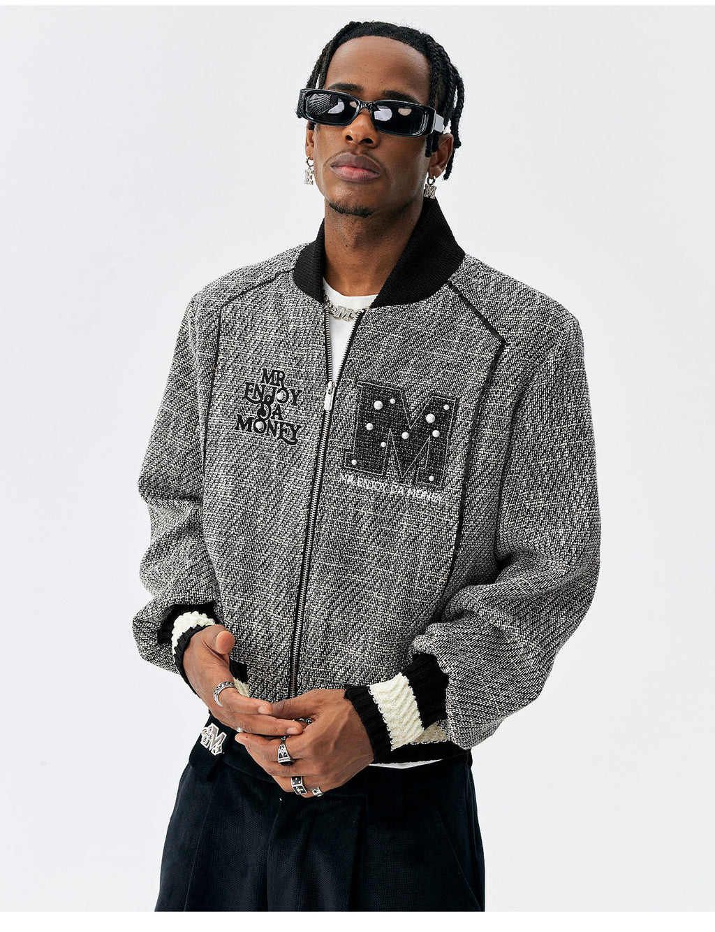 MEDM Pearl Tweed Short Varsity Jacket